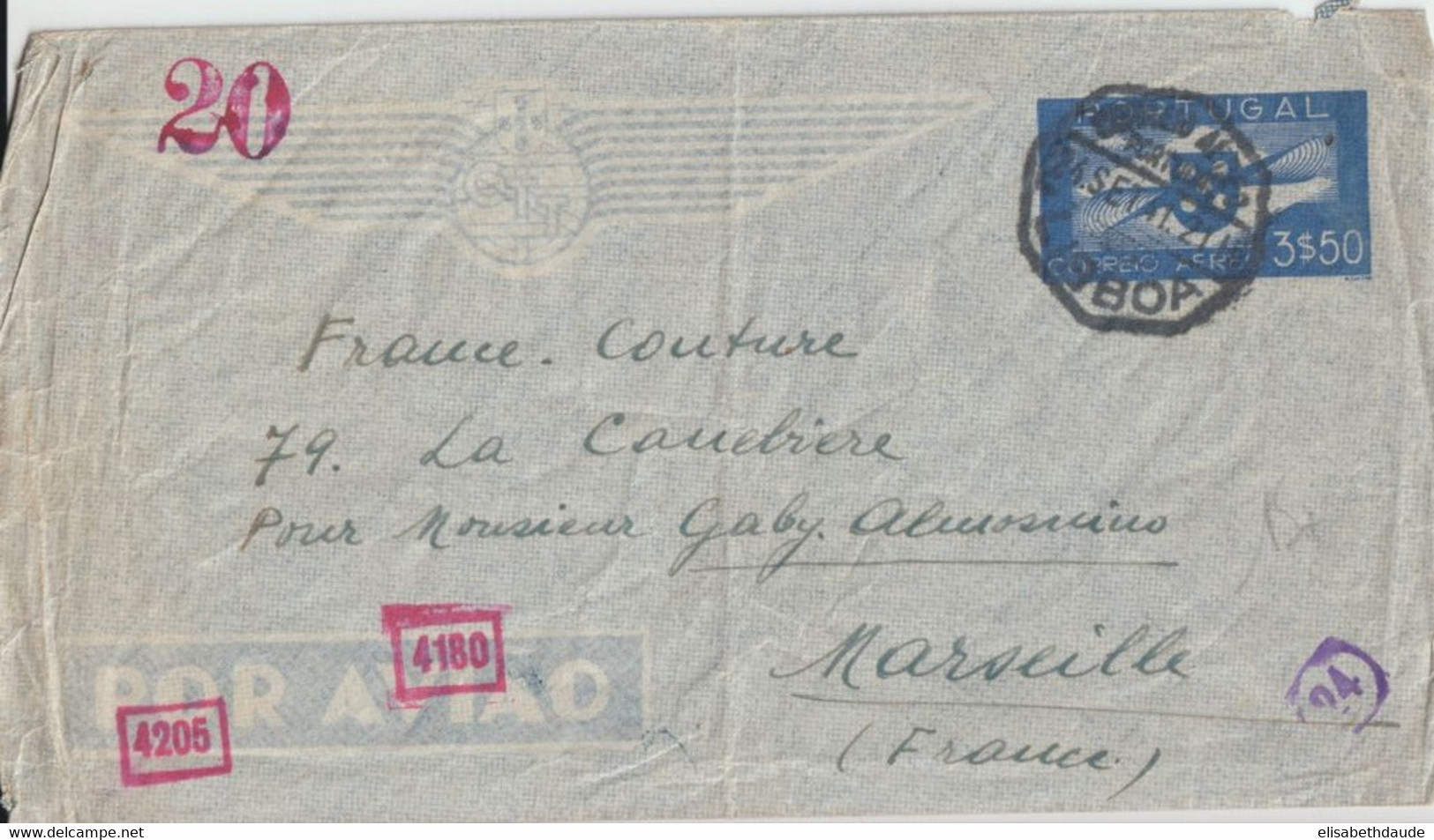 1941 - PORTUGAL - ENVELOPPE ENTIER AEROGRAMME Avec CENSURES De LISBONNE => MARSEILLE - Postal Stationery