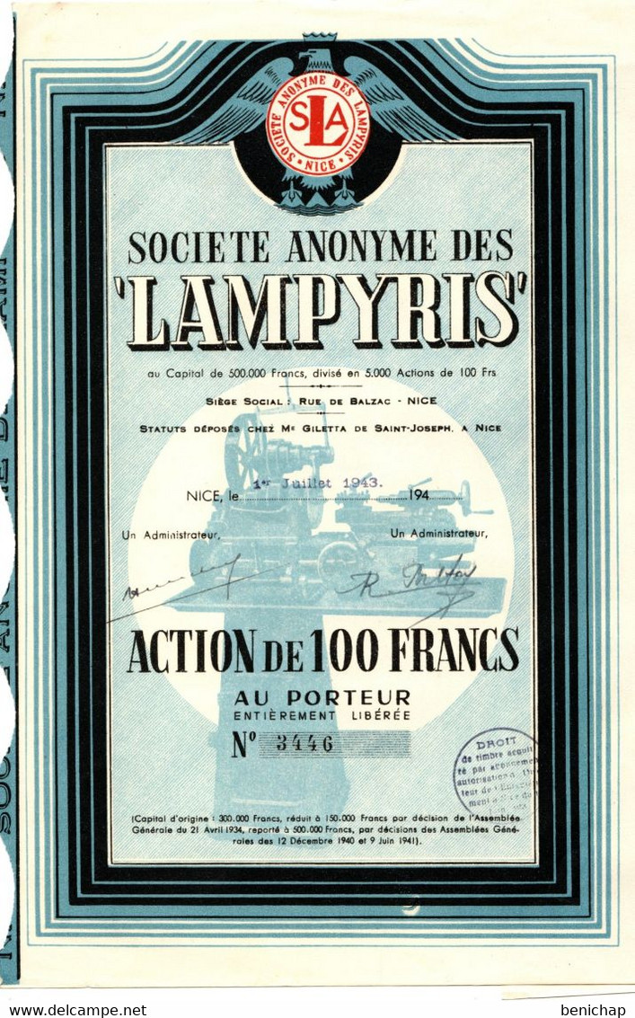 S.A. Des Lampyris - Action De 100 Frs. Au Porteur - Nice Juillet 1943. - Industrie