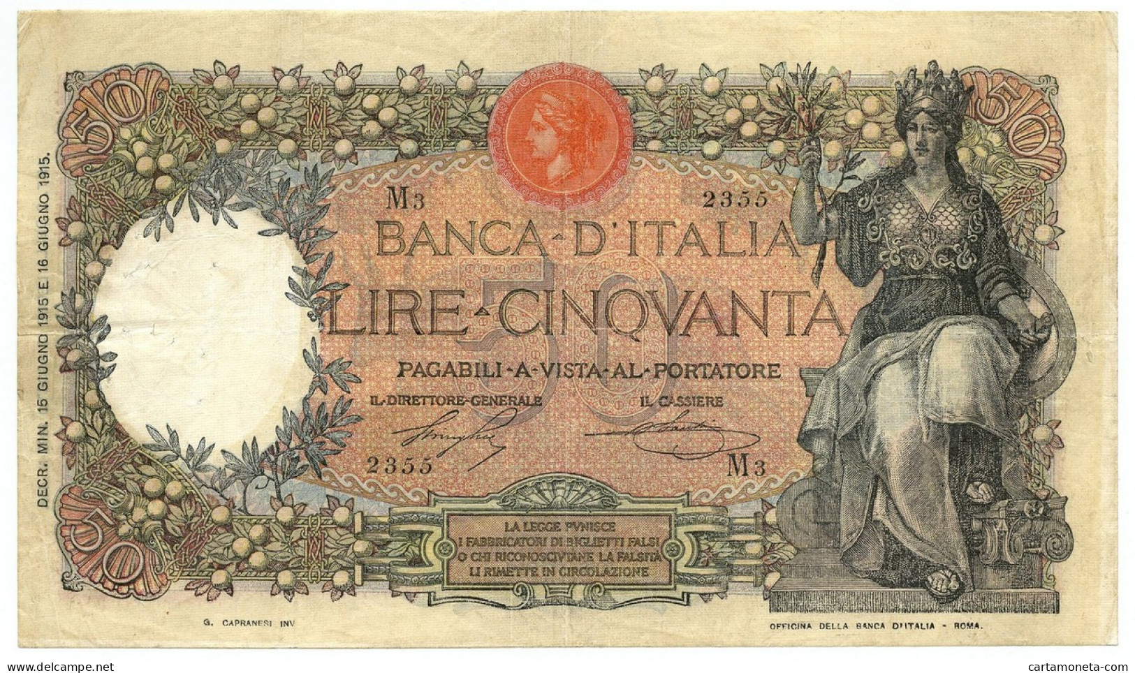 50 LIRE CAPRANESI BUOI TESTINA DECRETO PRIMA DATA 15/06/1915 BB/BB+ - Regno D'Italia – Autres
