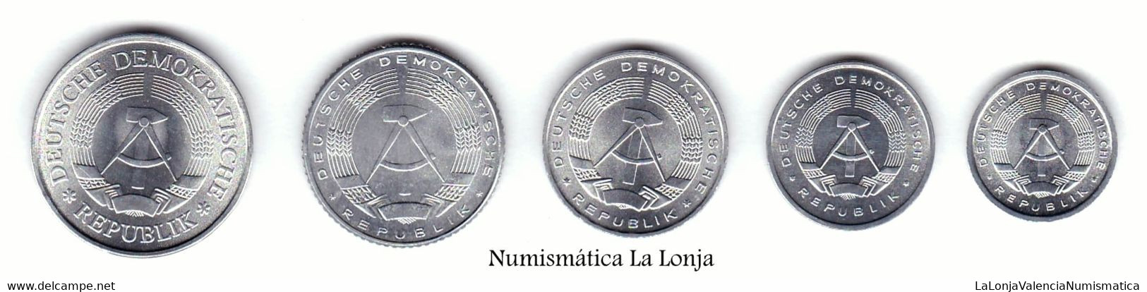 Alemania Germany Dem. Rep. DDR Set 5 Monedas 1 5 10 50 Pfennig 1 Mark 1960-1990 A Km 8 9 10 12 35 Sc Unc - Altri & Non Classificati
