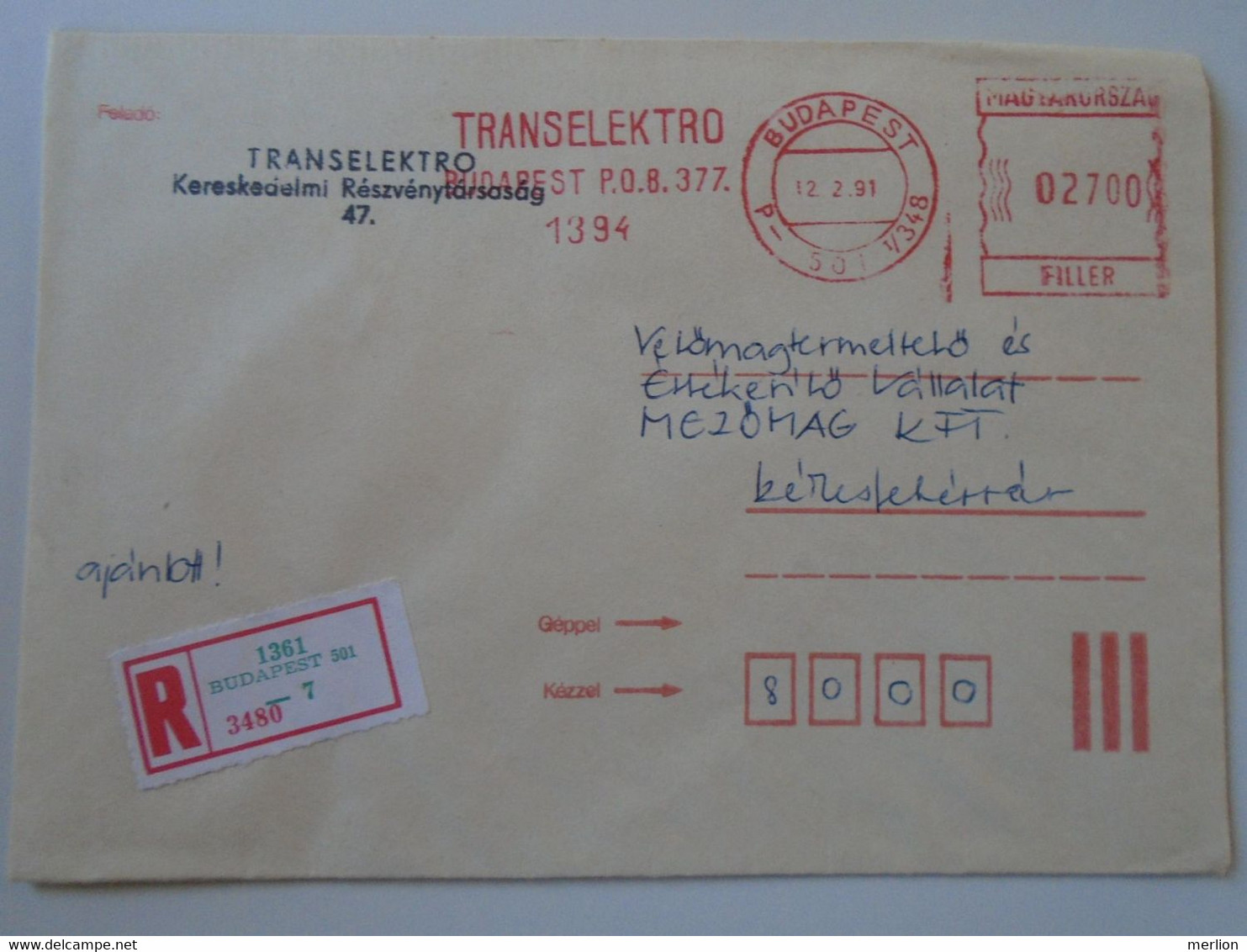 D193767  Hungary   Registered  Cover   -EMA Red Meter Freistempel  1991 Transelektro  Budapest - Automaatzegels [ATM]