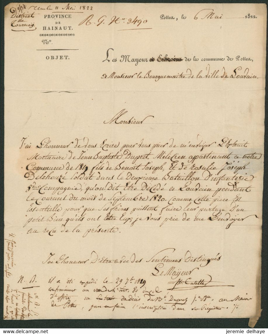 Précurseur - LAC Datée De Pottes (1822) + Obl Linéaire Rouge DOORNIK / FRANCO > Bourgmestre De Louvain - 1815-1830 (Dutch Period)