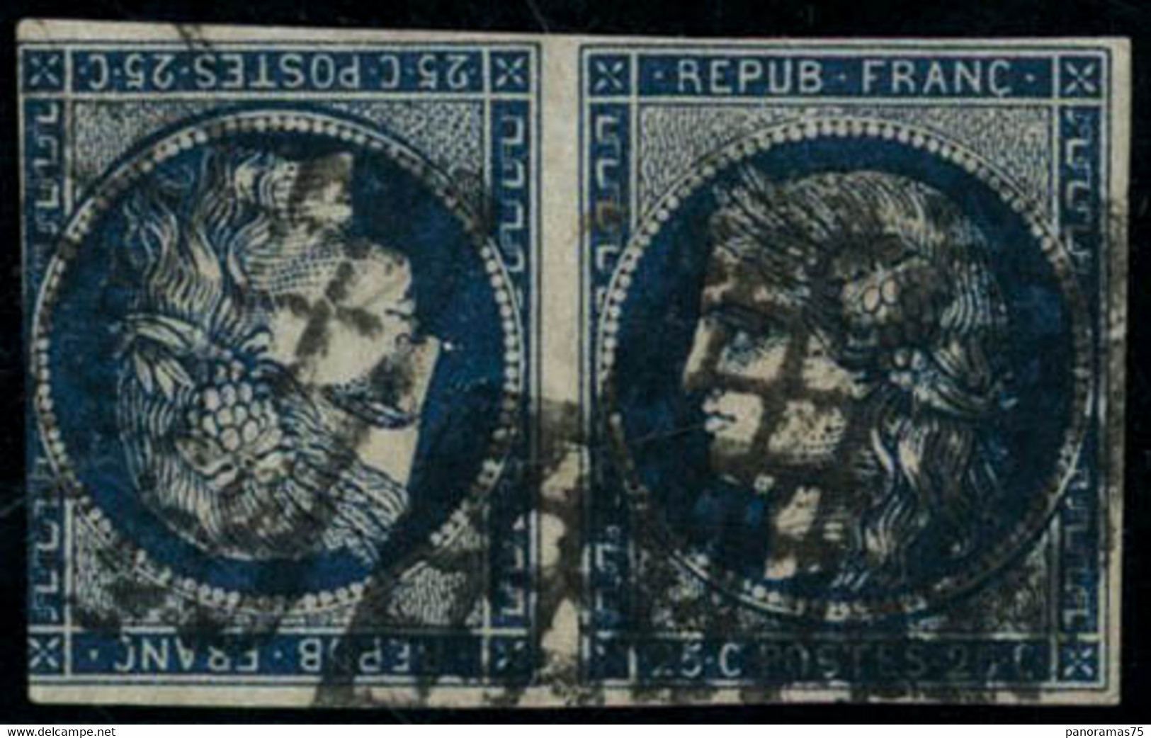 Obl. N°4c 25c Bleu, Paire Tête-bêche, 2è Choix Signé Roumet, Scheller - B - 1849-1850 Ceres