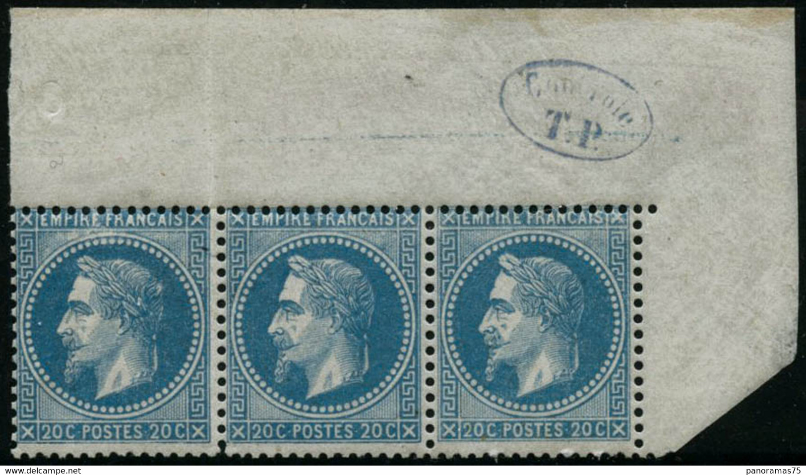 ** N°29A 20c Bleu, Type I, Bande De 3 Coin De Feuille Avec Contrôle TP - TB - 1863-1870 Napoleon III With Laurels