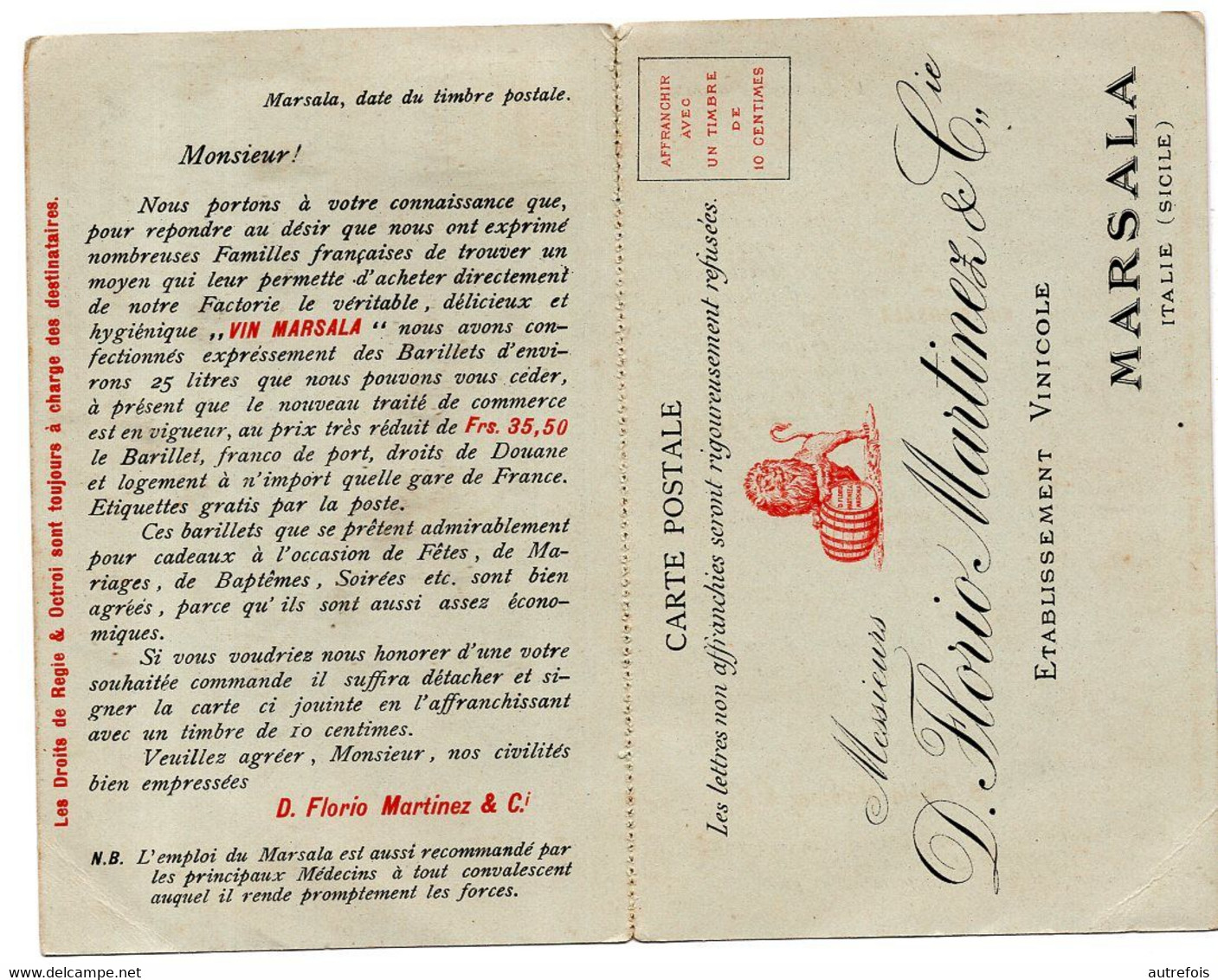 MARSALA   D FLORIO MARTINEZ  GRANDS VINS FINS  -  CARTE DOUBLE VOLETS PUBLICITAIRE - Marsala