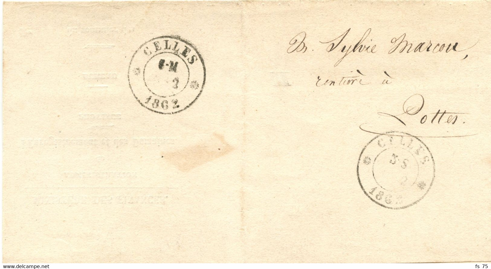 BELGIQUE - TAD DOUBLE CERCLE CELLES SUR LETTRE EN FRANCHISE, 1862 - Portofreiheit