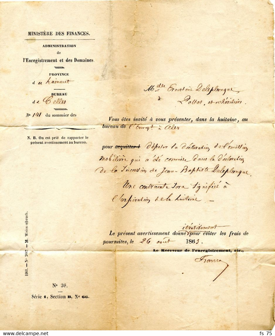 BELGIQUE - TAD SIMPLE CERCLE CELLES SUR LETTRE LOCALE EN FRANCHISE, 1863 - Zonder Portkosten