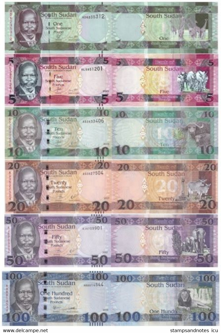 SOUTH SUDAN  1 5 10 20 50 100 Pounds 2011 - 2019  P 5 11 12 13 14  15 UNC Set With Matching Two Last Serials - Südsudan
