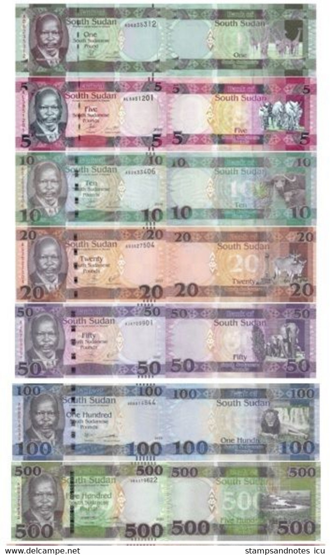 SOUTH SUDAN  1 5 10 20 50 100 500 Pounds 2011 - 2020  P 5 11 12 13 14 15 16 UNC Set - Zuid-Soedan