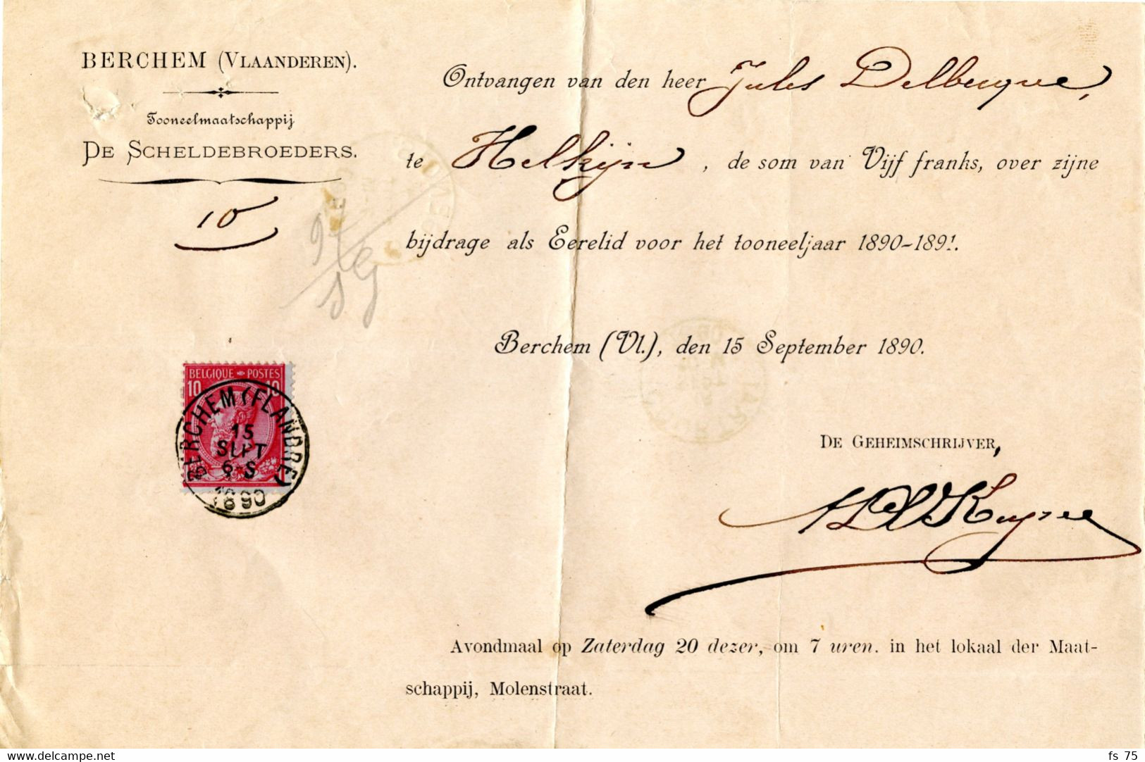BELGIQUE - COB 46 SIMPLE CERCLE BERCHEM (FLANDRE) SUR RECU, 1890 - 1884-1891 Leopold II