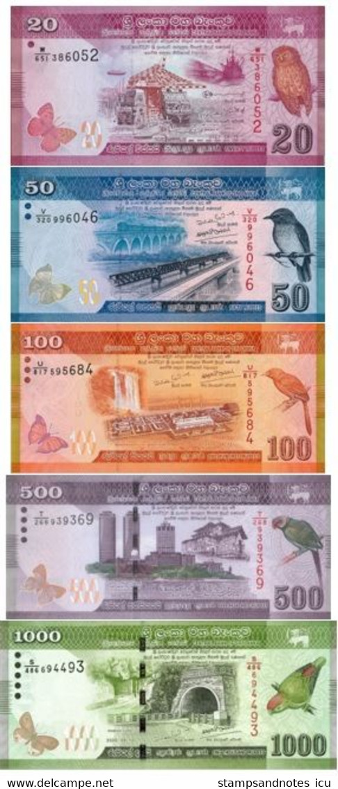 SRI LANKA 20 50 100 500 1000 Rupees 2019 - 2021 P 124 125 126 127 128 UNC Set With Matching Two Last Serials - Sri Lanka