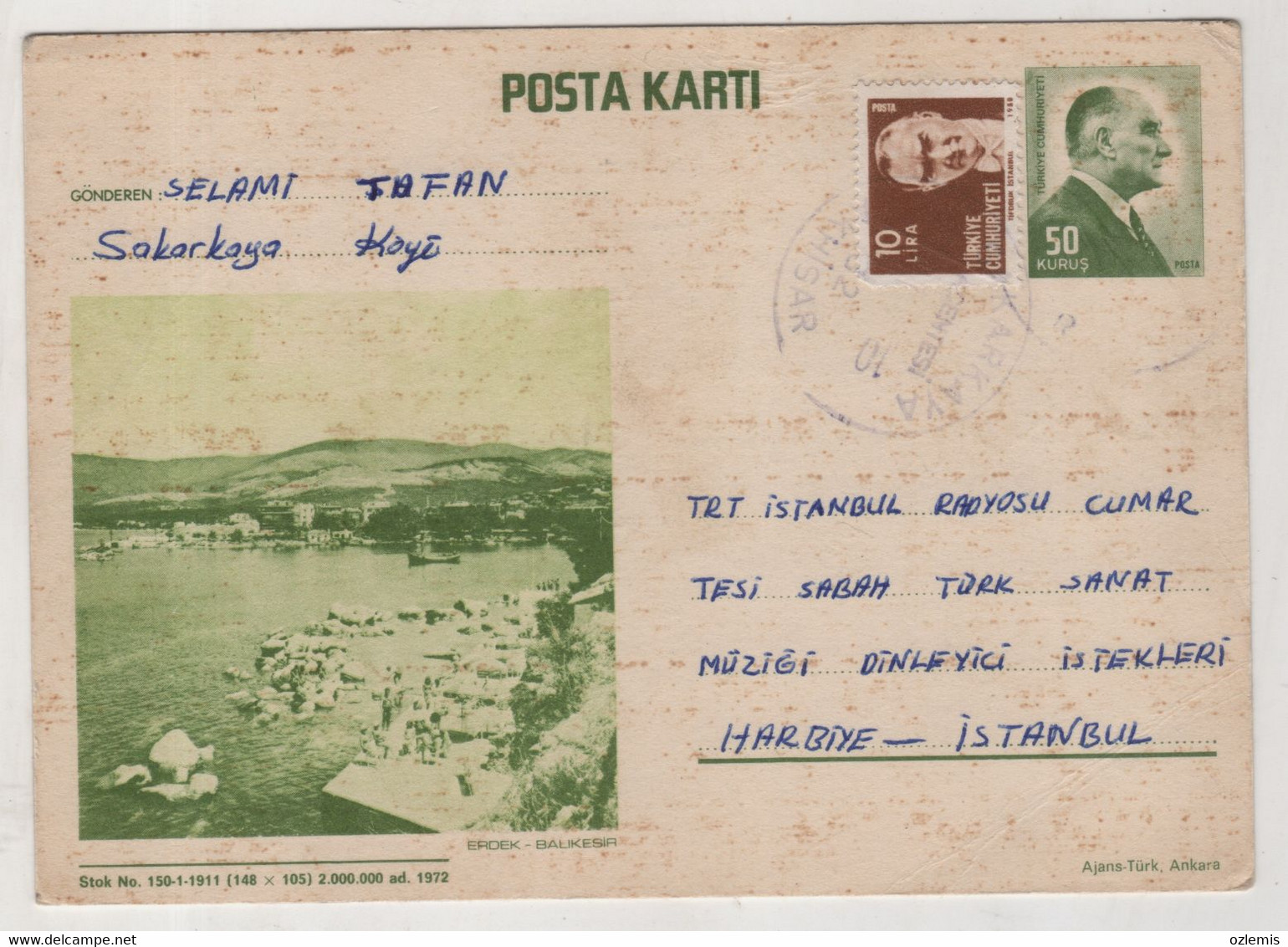 TURKEY,TURKEI,TURQUIE ,WITH VIEW FROM  ERDEK ,BALIKESIR ,POSTCARD - Covers & Documents