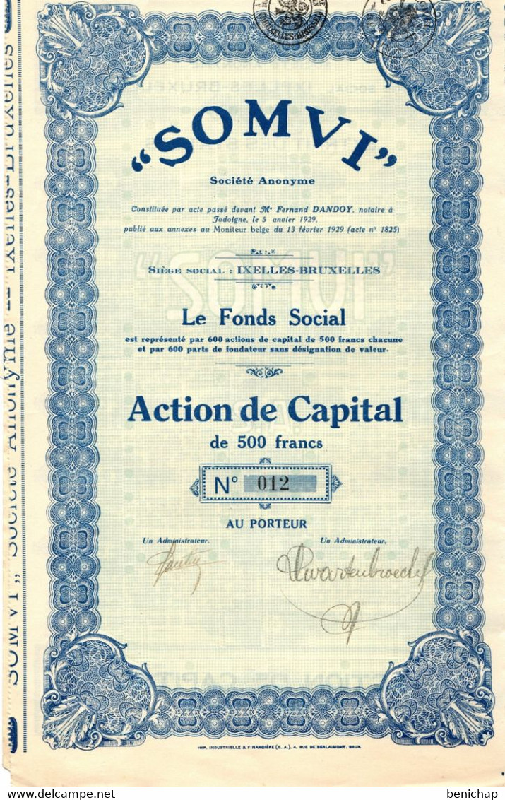 " SOMVI" S.A. Le Fond Social - Action De Capital De 500 Frs. - Ixelles Février 1929. - Bank En Verzekering