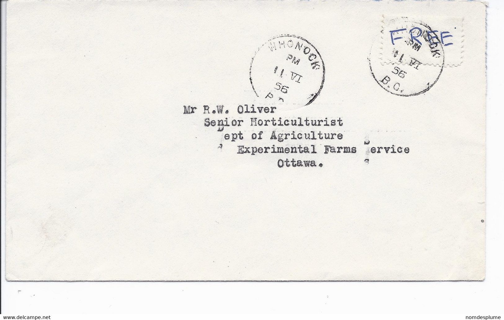 16445) Canada Cover Brief Lettre 1956 Closed BC British Columbia Postmark Cancel Free - Brieven En Documenten