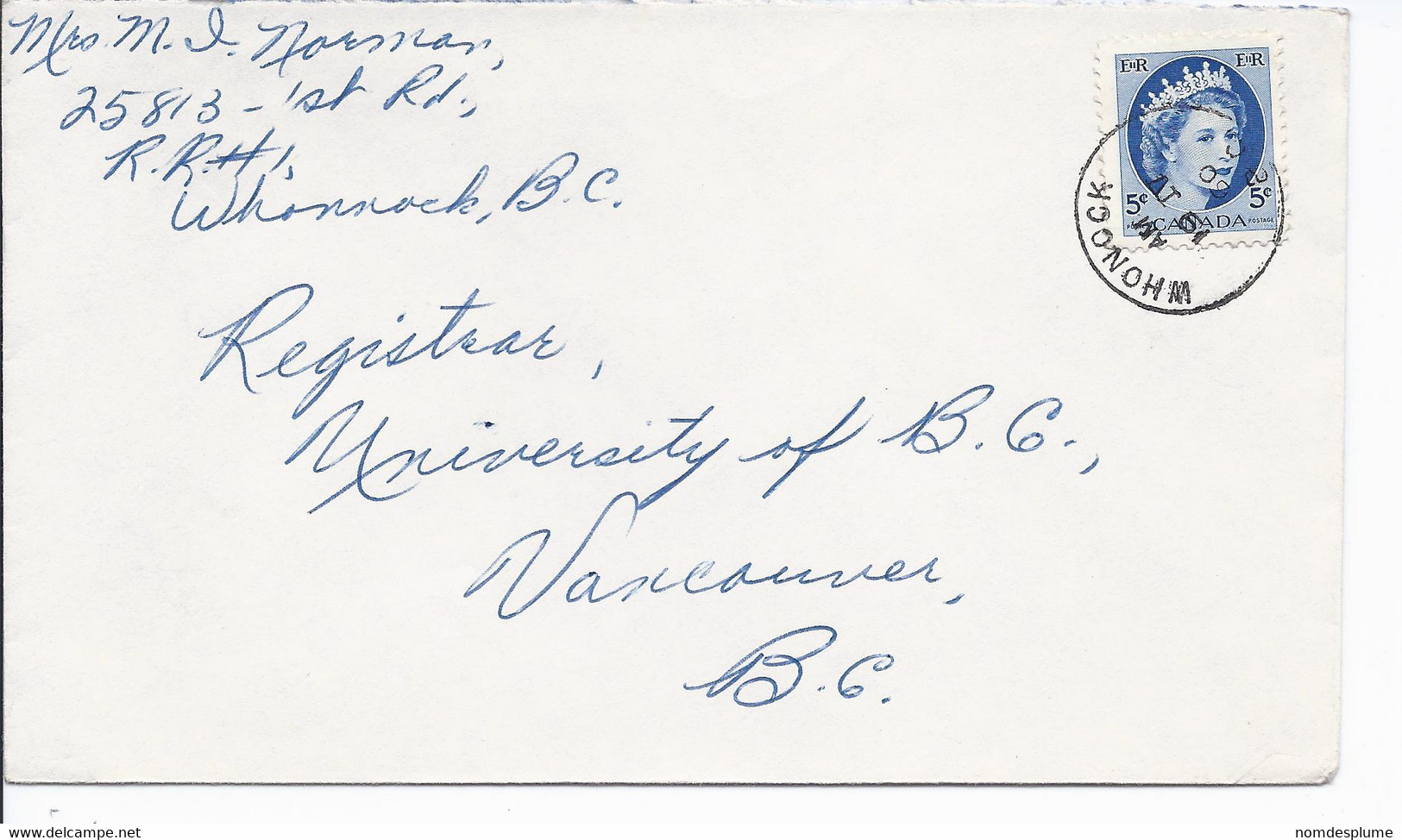 16457) Canada Cover Brief Lettre 1960 BC British Columbia Post Office Postmark Cancel - Covers & Documents