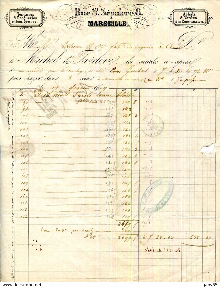 FACTURE.13.MARSEILLE.TEINTURES & DROGUERIES.MICHEL TARDIVI 8 RUE SAINT SEPULCRE. - Profumeria & Drogheria
