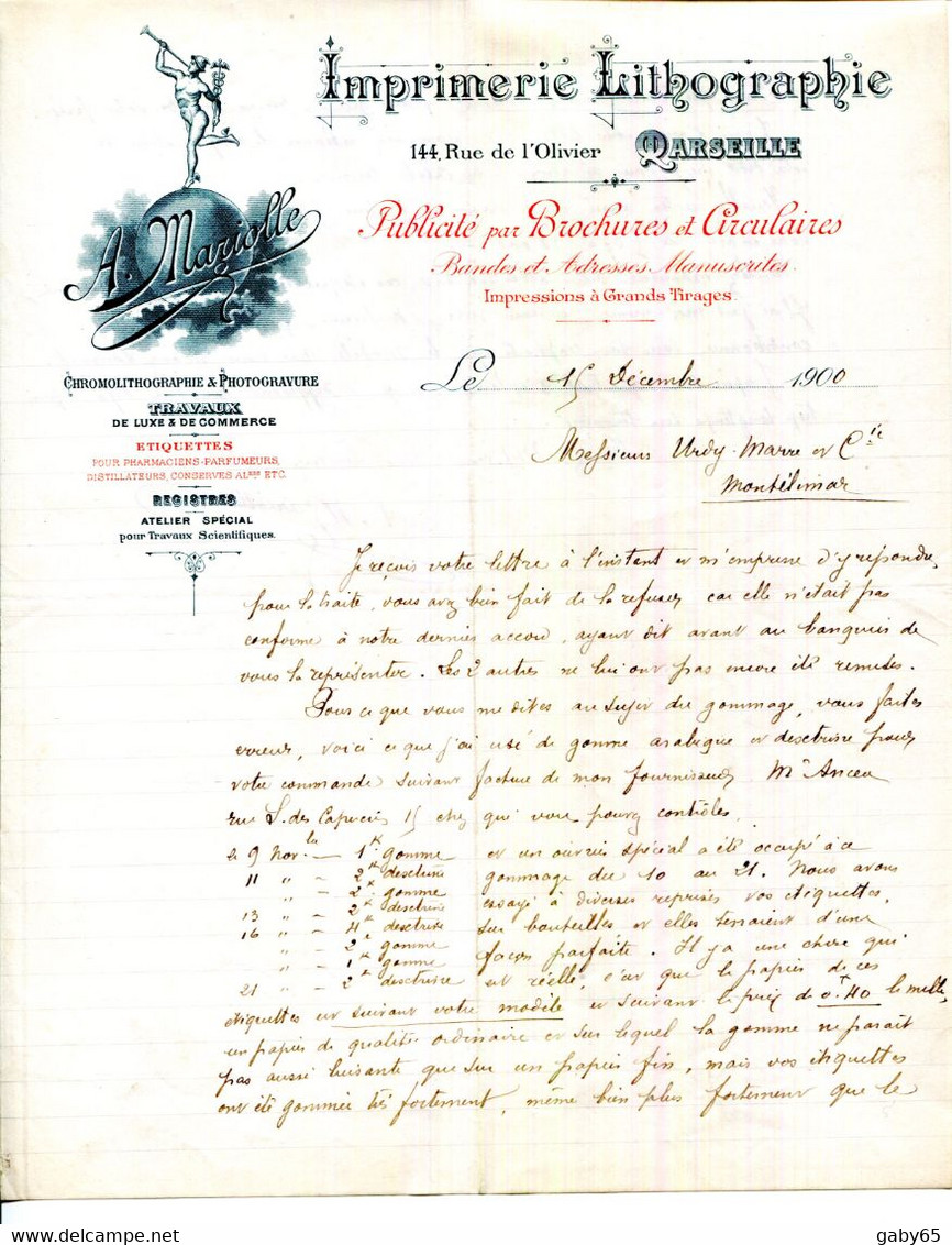 FACTURE.13.MARSEILLE.IMPRIMERIE.LITHOGRAPHIE.A.MARIOLLE 114 RUE DE L'OLIVIER. - Imprimerie & Papeterie