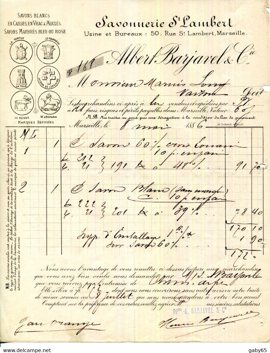 FACTURE.13.MARSEILLE.SAVONS BLANCS EN CAISSES,EN VRAC & MOULES.SAVONNERIE SAINT LAMBERT.ALBERT BARJAVEL & Cie. - Droguerie & Parfumerie