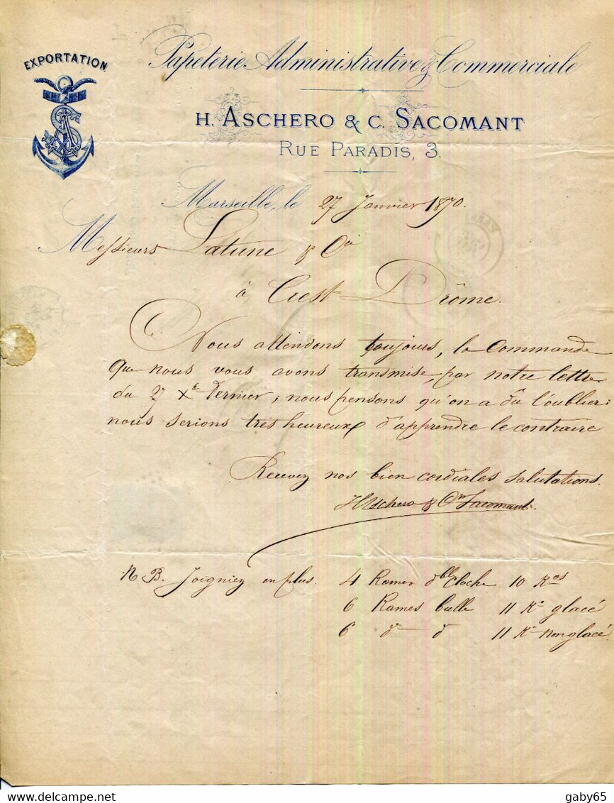 FACTURE.13.MARSEILLE.PAPETERIE ADMINISTRATIVE & COMMERCIALE.ASCHERO & SACOMANT 3 RUE PARADIS. - Imprimerie & Papeterie