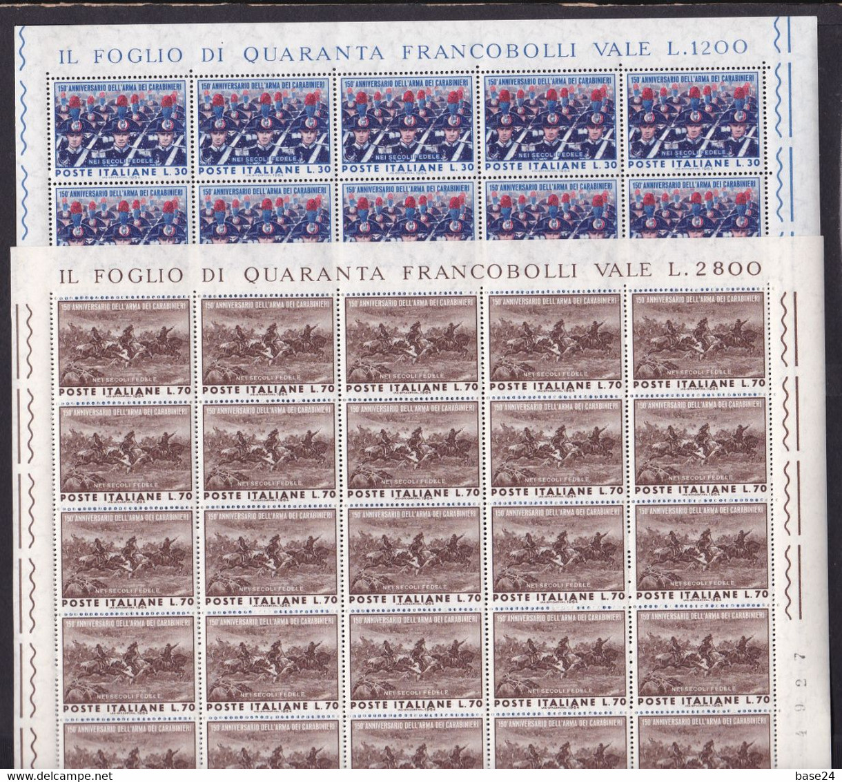 1964 Italia Italy Repubblica 150° ANNIVERSARIO CARABINIERI 40 Serie In 2 Fogli MNH** 150th CARABINIERI 2 Sheets - Ganze Bögen