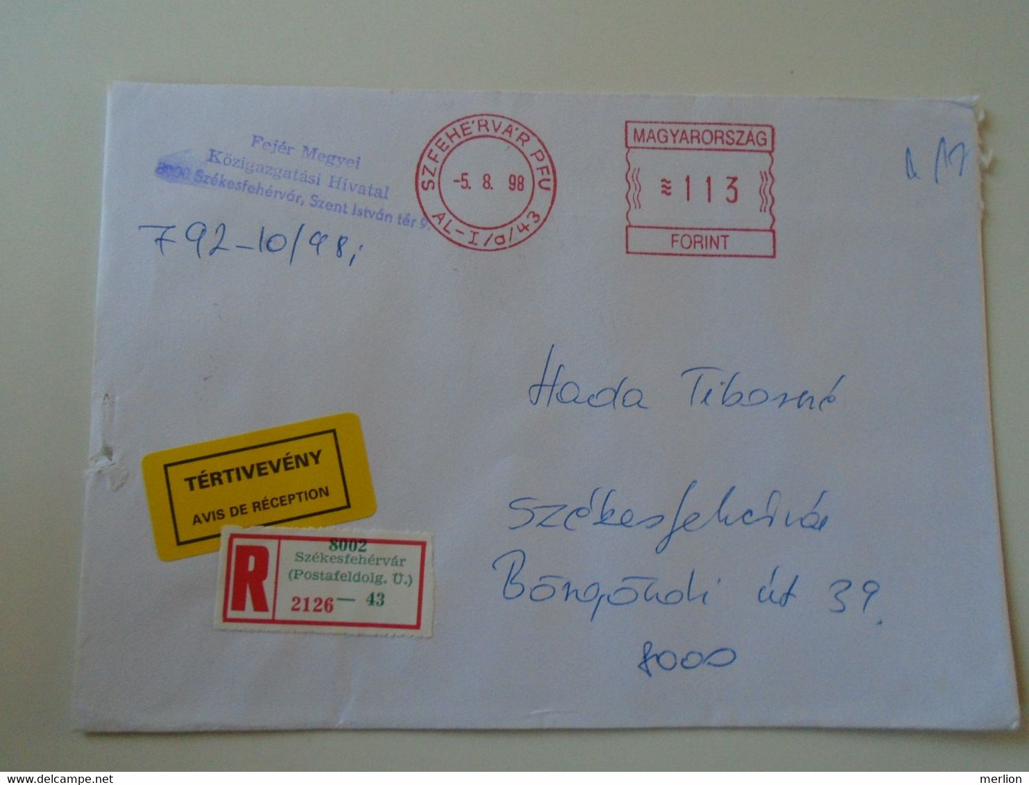 D193780 Hungary Registered Cover  Avis De Reception - EMA  Red Meter Freistempel 1998 Székesfehérvár - Viñetas De Franqueo [ATM]