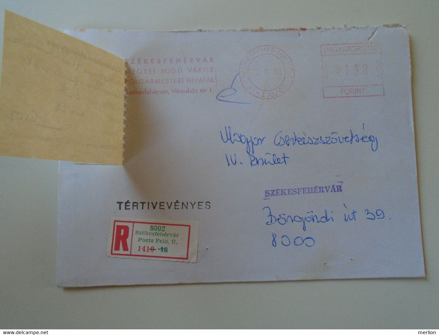 D193781 Hungary Registered Cover  Avis De Reception - EMA  Red Meter Freistempel 2000 Székesfehérvár - Vignette [ATM]