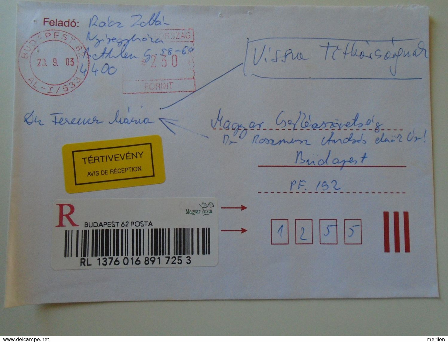 D193786 Hungary Registered Cover  Avis De Reception -EMA Red Meter Freistempel 2003  Budapest - Timbres De Distributeurs [ATM]