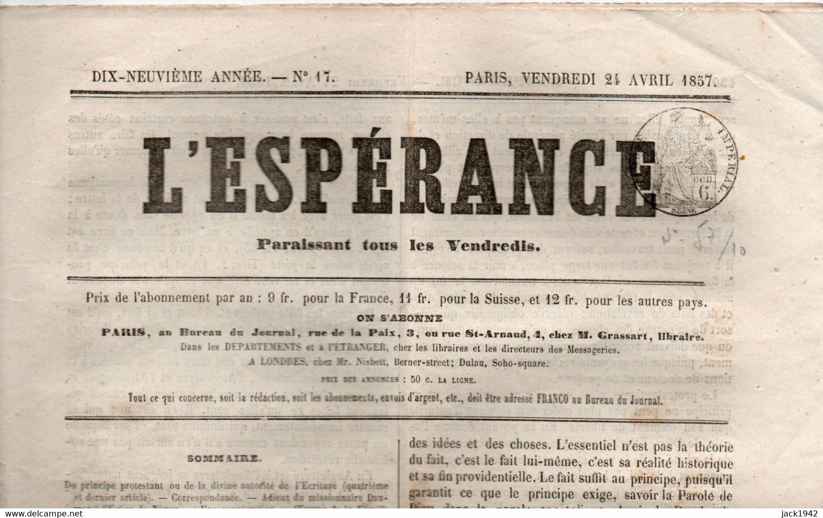 Journal L'Espérance Du 24 Avril 1857, Avec Timbre Humide " Timbre / Impérial 6 Centimes" - Giornali