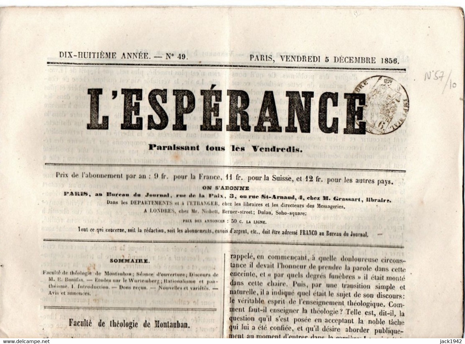 Journal L'Espérance Du 5 Décembre 1856, Avec Timbre Humide " Timbre / Impérial 6 Centimes" - Zeitungsmarken (Streifbänder)