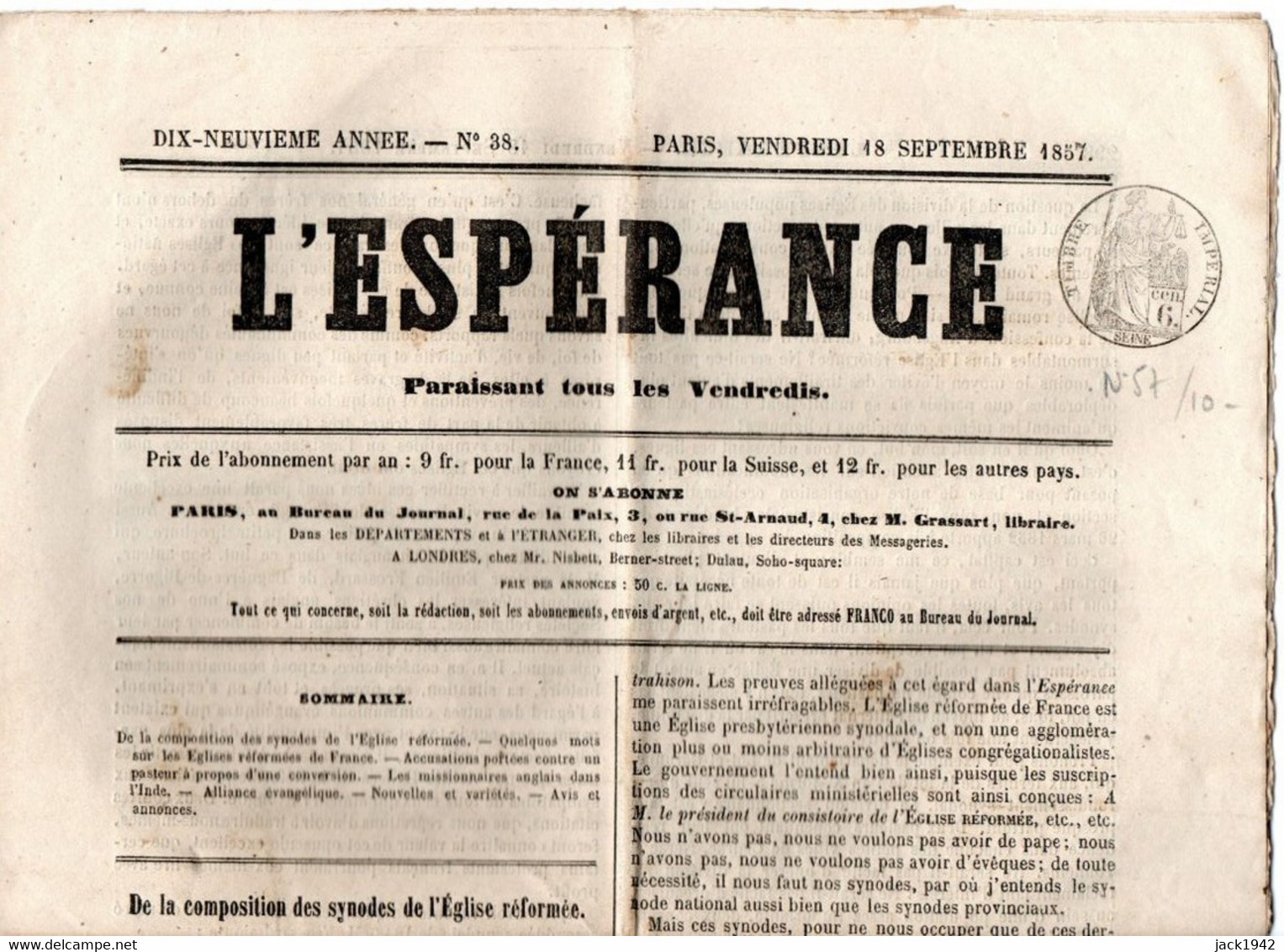 Journal L'Espérance Du 18 Septembre 1857, Avec Timbre Humide " Timbre / Impérial 6 Centimes" - Newspapers