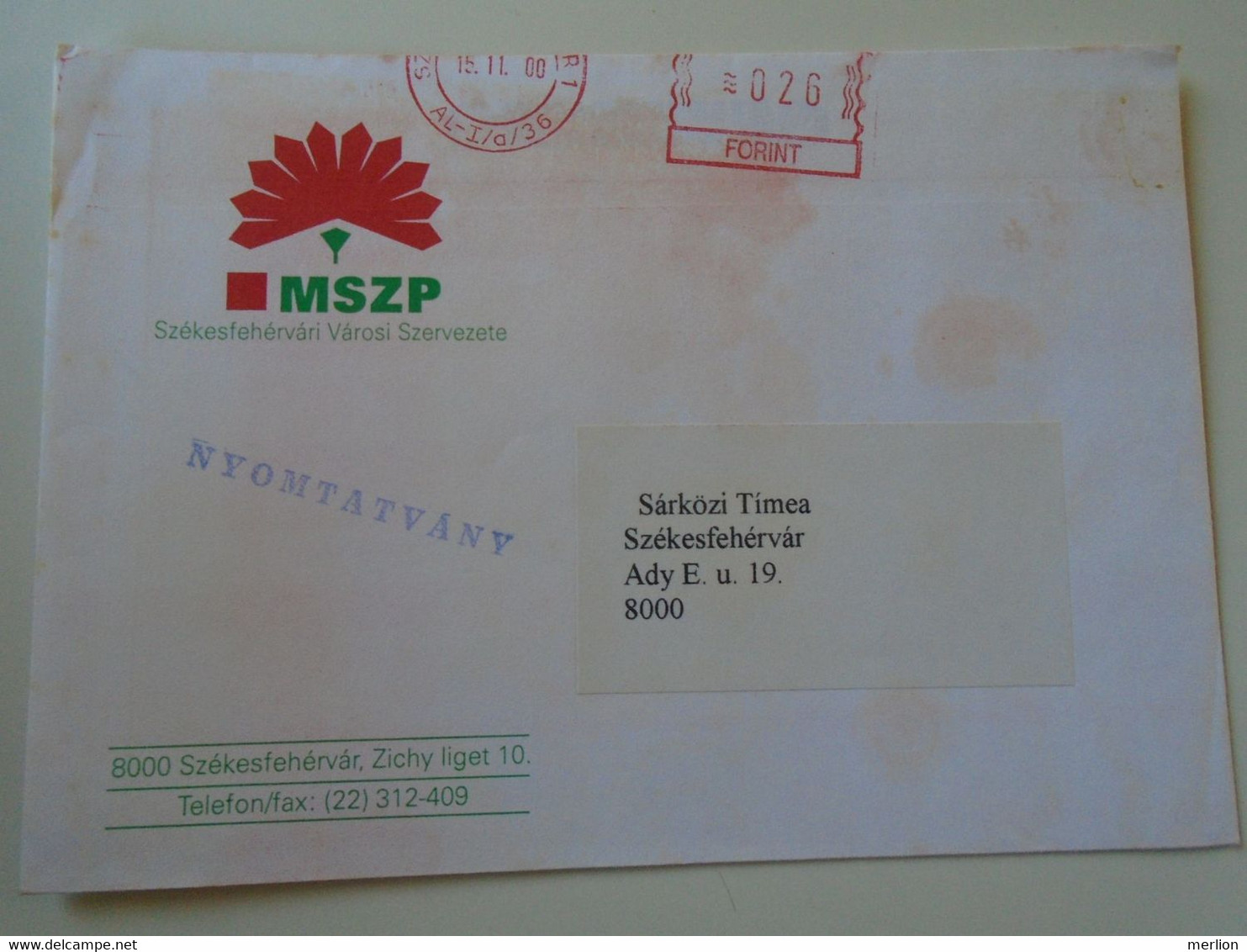 D193792   Hungary  Cover -EMA Red Meter Freistempel  2000 MSZP  Székesfehérvár - Viñetas De Franqueo [ATM]