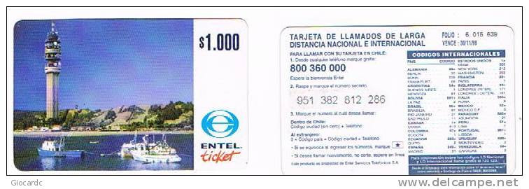 CILE (CHILE) - ENTEL  (REMOTE) - TICKET: TOWER AND LAKE  1000  EXP. 11.99            - USED   -  RIF. 458 - Chili