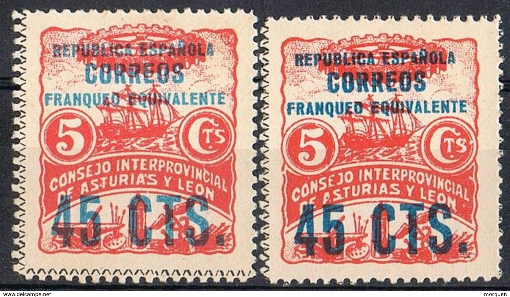 Dos Sellos ASTURIAS Y LEON, Variedad Color Sobrecarga , Guerra Civil,  Franqueo Equivalente 45 Cts * - Asturias & Leon