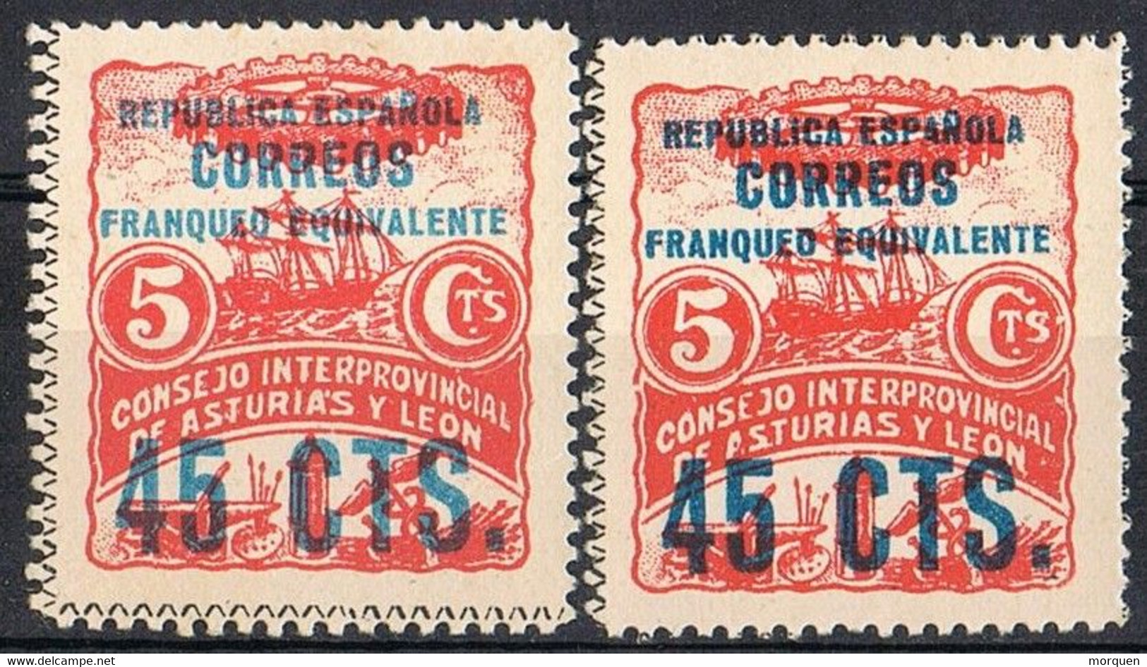 Dos Sellos ASTURIAS Y LEON, Variedad Color Sobrecarga , Guerra Civil,  Franqueo Equivalente 45 Cts * - Asturies & Leon