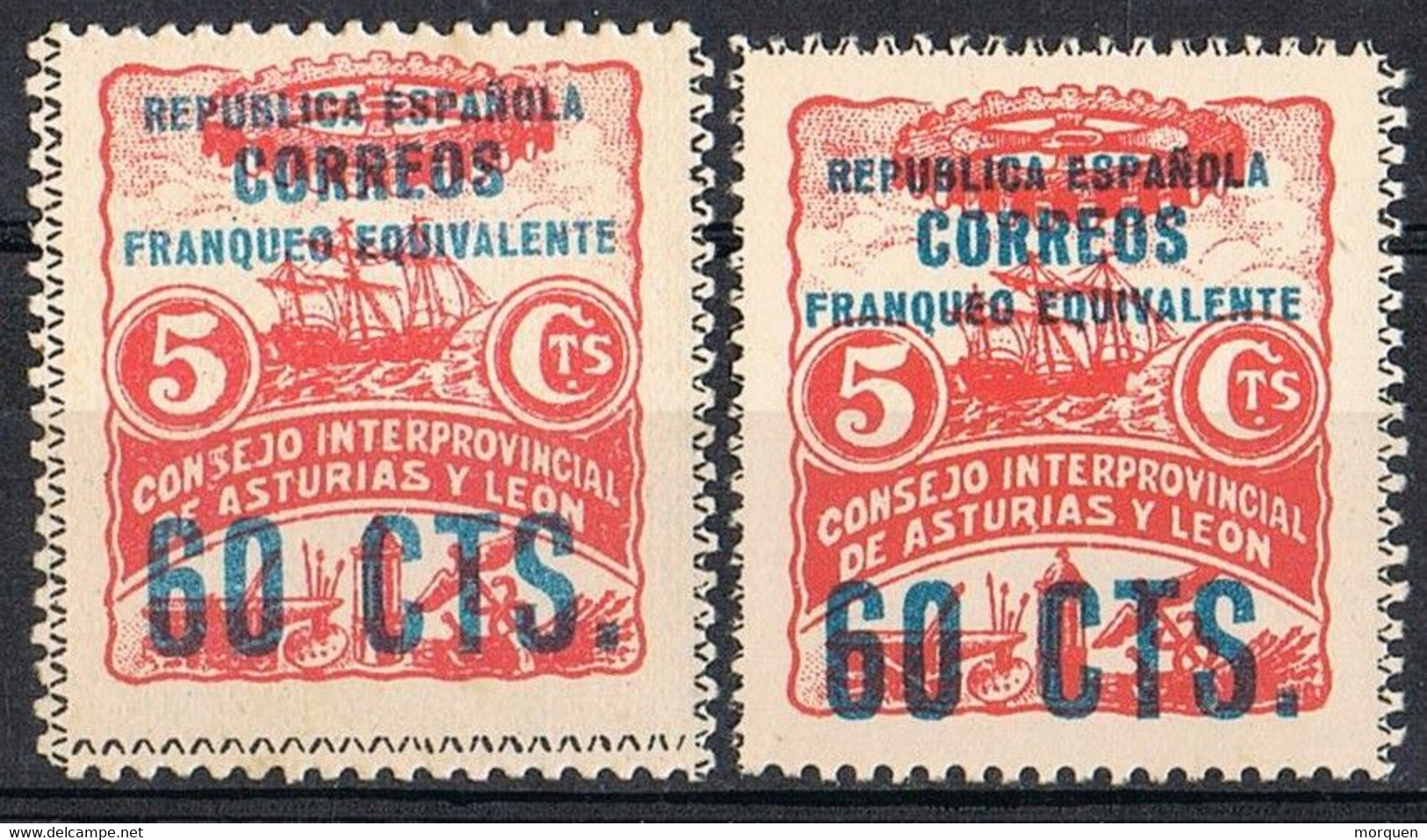 Dos Sellos ASTURIAS Y LEON, Variedad Color Sobrecarga , Guerra Civil,  Franqueo Equivalente 60 Cts * - Asturias & Leon