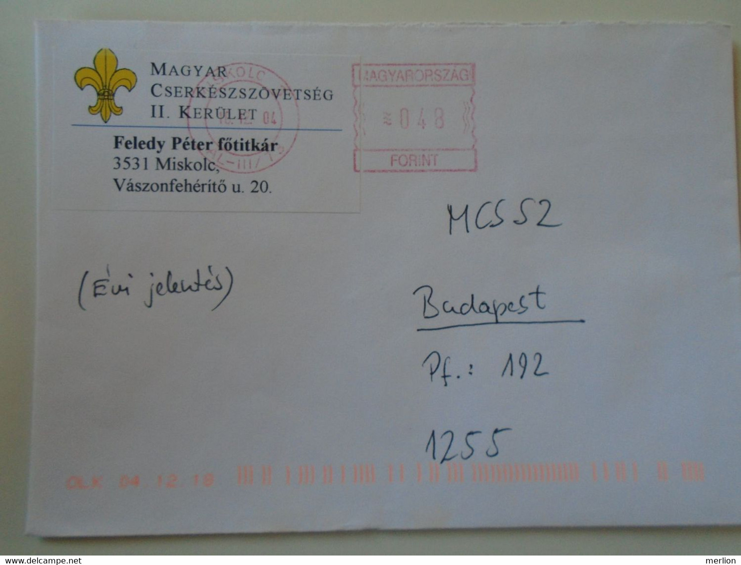 D193795  Hungary    Cover   -EMA Red Meter Freistempel 2004   Miskolc Scout Association-Scouts Scouting - Machine Labels [ATM]