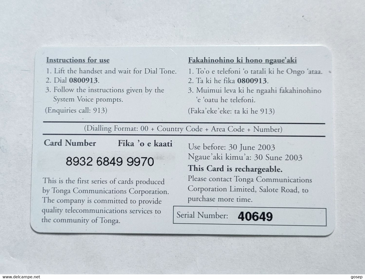 Tonga-(TO-PRE-TTC-0003)-Children 3-(T$10)(4)-(8932-6849-9970)-(40649)-used Card+1card Prepiad Free - Tonga