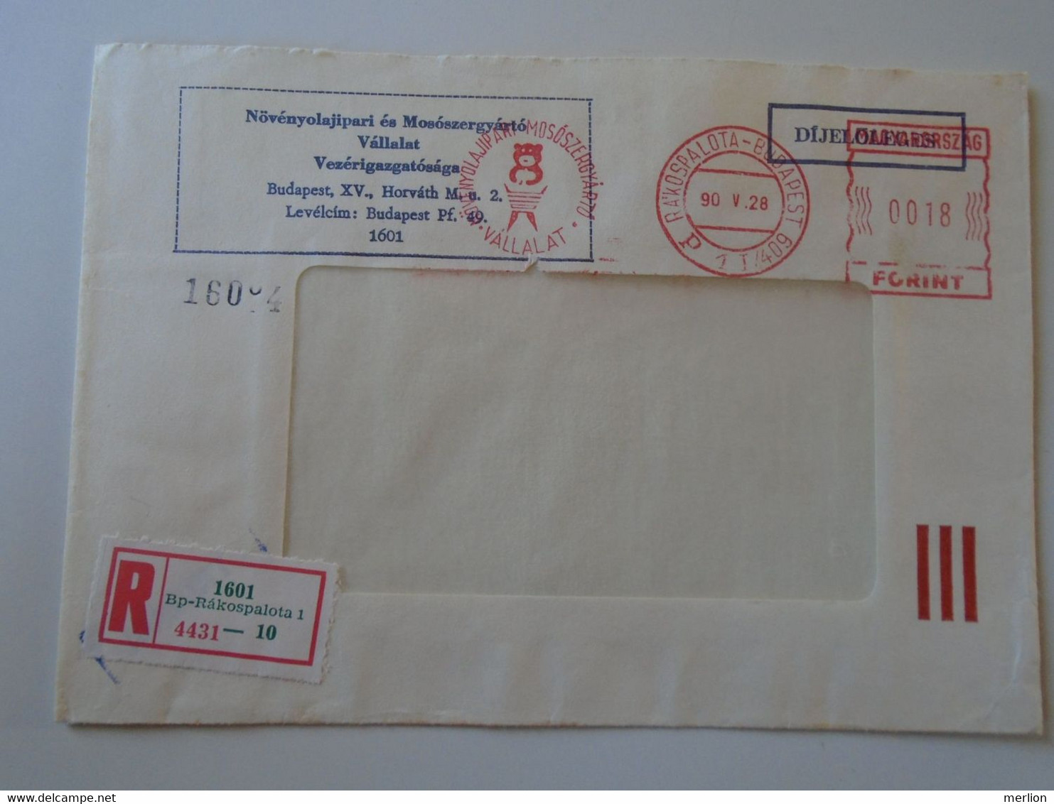 D193804  Hungary Reg. Cover -EMA Red Meter Freistempel 1990  Detergent Manufacturing Company Rákospalota Budapest - Timbres De Distributeurs [ATM]