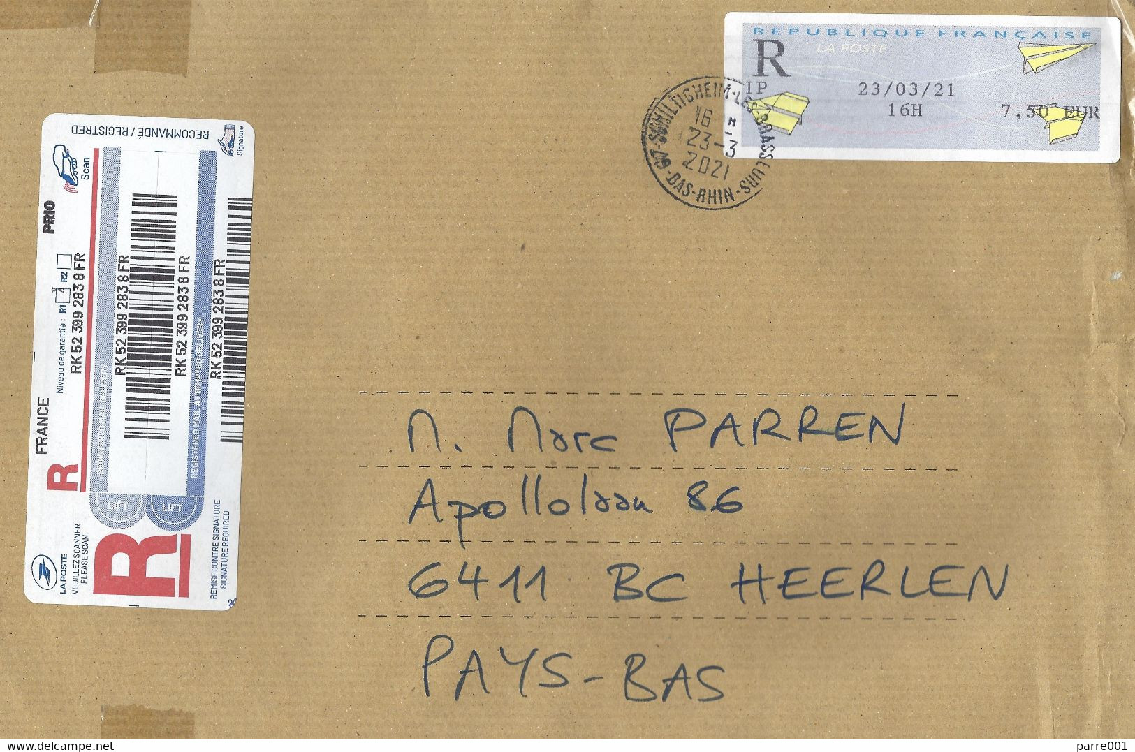 France 2021 Schiltigheim Barcoded Label « Avions En Papier » ATM EMA Registered Cover - 2000 « Avions En Papier »