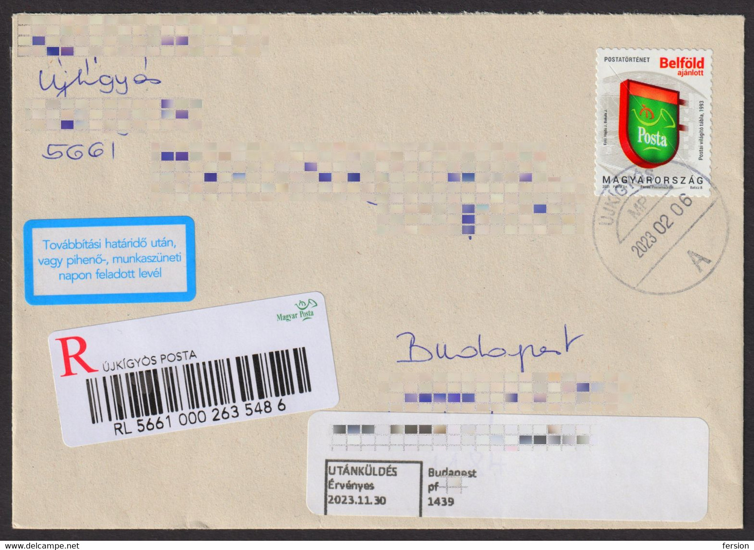 Forwarded Letter Cover Delayed Delivery 2021 Hungary REGISTERED Label Vignette Újkígyós Postmark - Cartas & Documentos