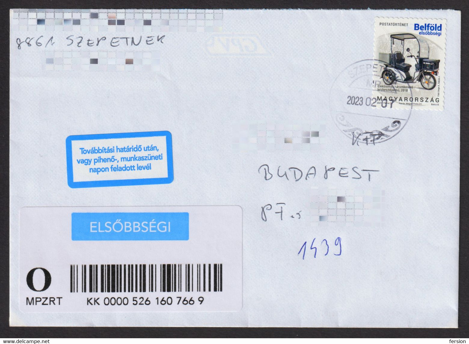Electric Tricycle Kyburz Forwarded Letter Cover Delayed Delivery 2021 Hungary PRIORITY Label Vignette Szepetnek Postmark - Briefe U. Dokumente