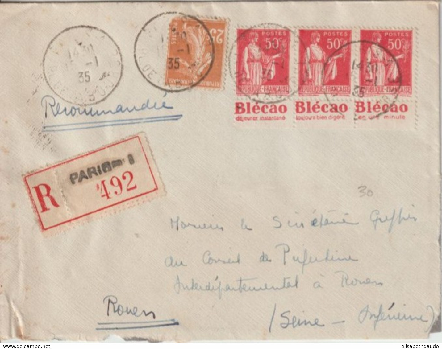 1935 - PAIX Avec PUB "BLECAO DEJEUNER INSTANTANE" Sur ENVELOPPE RECOMMANDEE De PARIS => ROUEN - Lettres & Documents