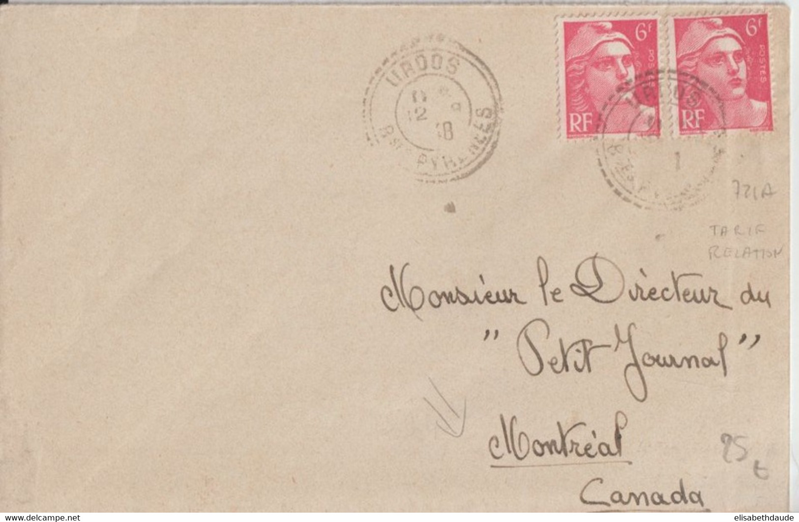 1948 - TARIF SPECIAL DESTINATION CANADA ! GANDON 721A Sur ENV. De URDOS (BASSES PYRENEES) ! => MONTREAL ! - Postal Rates