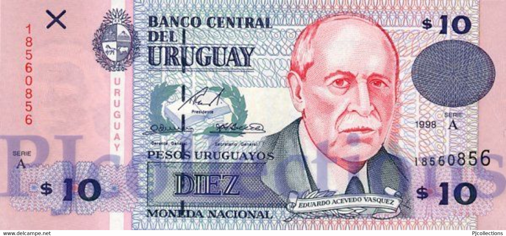 LOT URUGUAY 10 PESOS URUGUAYOS 1998 PICK 81a UNC X 5 PCS - Uruguay