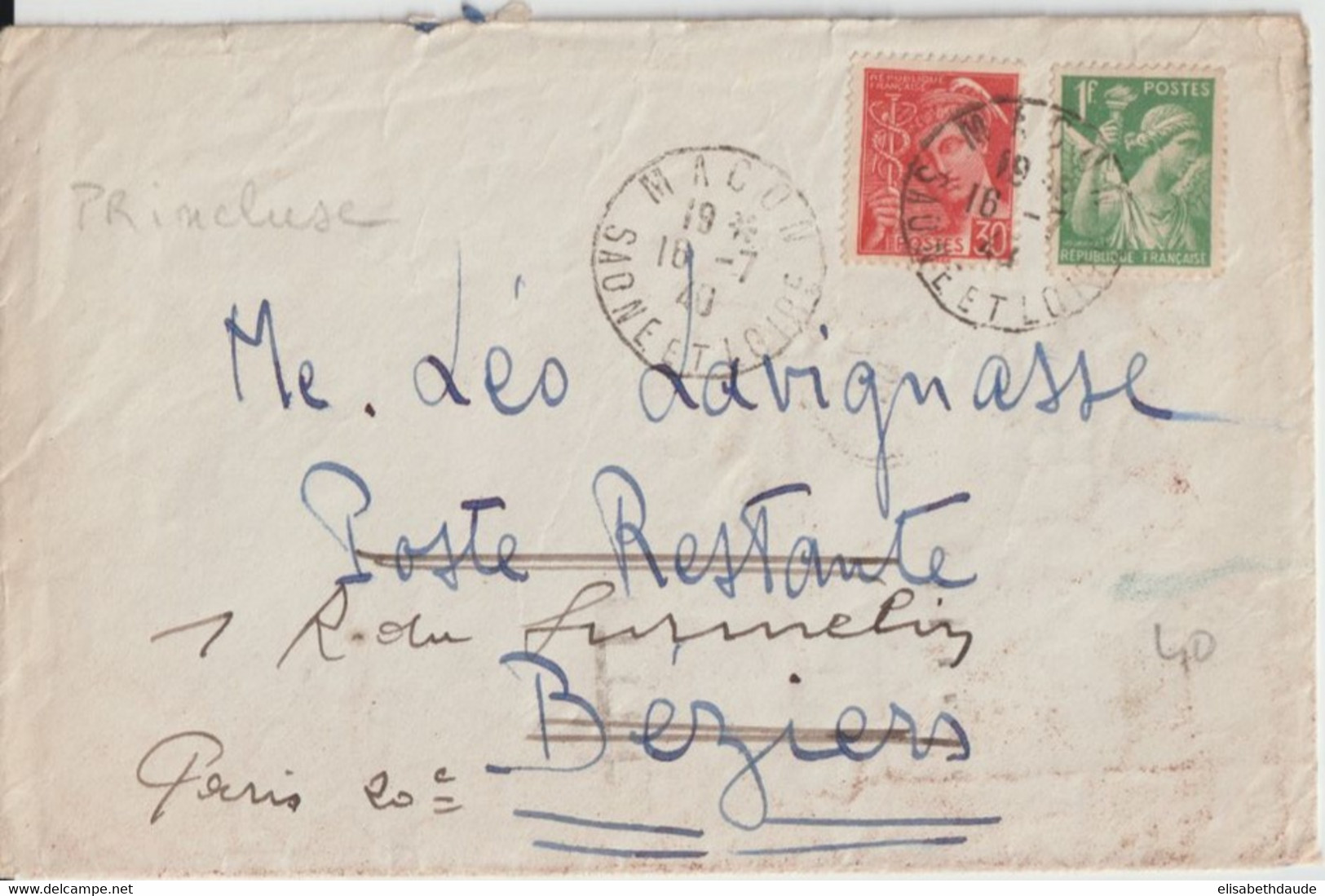 1940 - TARIF Avec TAXE POSTE RESTANTE INCLUSE !! MERCURE + IRIS / ENVELOPPE De MACON (SAONE ET LOIRE) =>BEZIERS => PARIS - Postal Rates