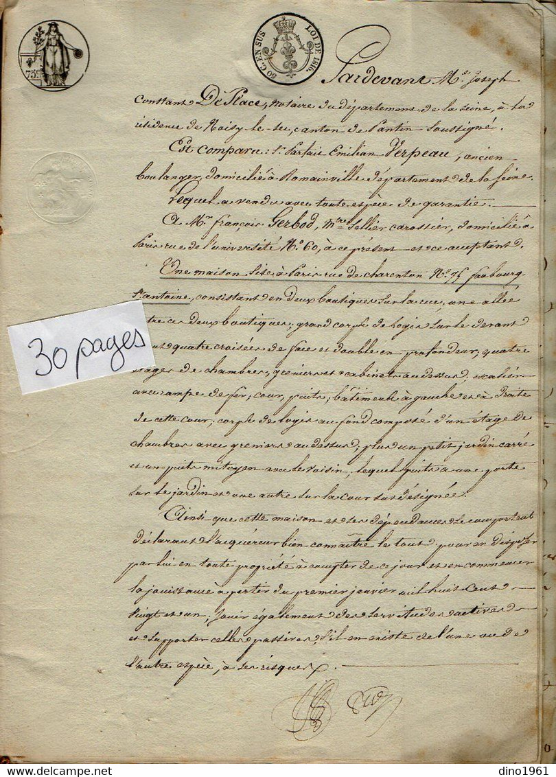 VP21.655 - NOISY LE SEC - Acte De 1820 - Vente D'une Maison Sise à PARIS Par Mr VERPEAU De ROMAINVILLE à Mr GERBOD - Manuscrits