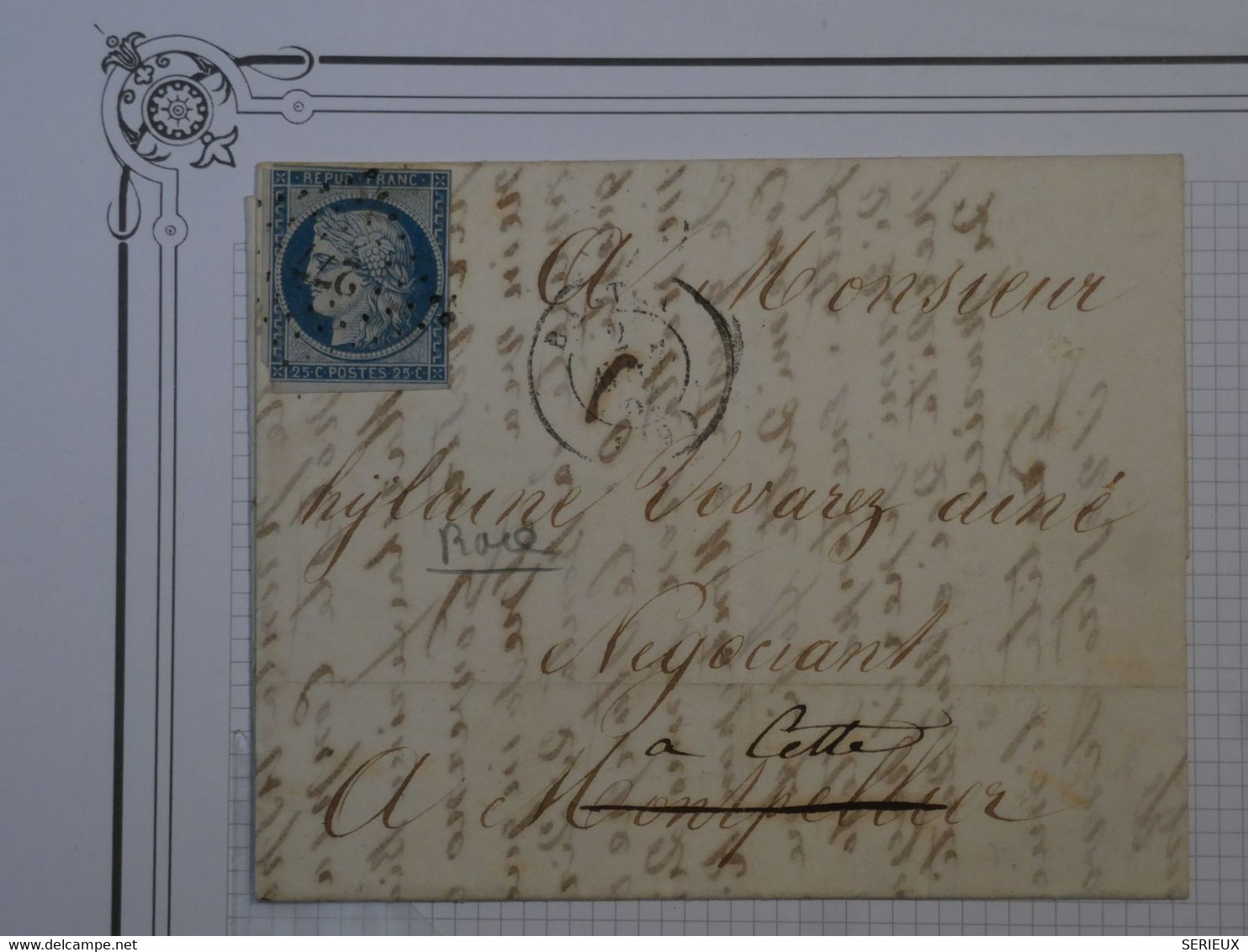 BN17 FRANCE BELLE LETTRE RR 1852 BASTIA CORSE A SETE  +CERES N°4 +AFFRANC.INTERESSANT + + - 1849-1850 Ceres