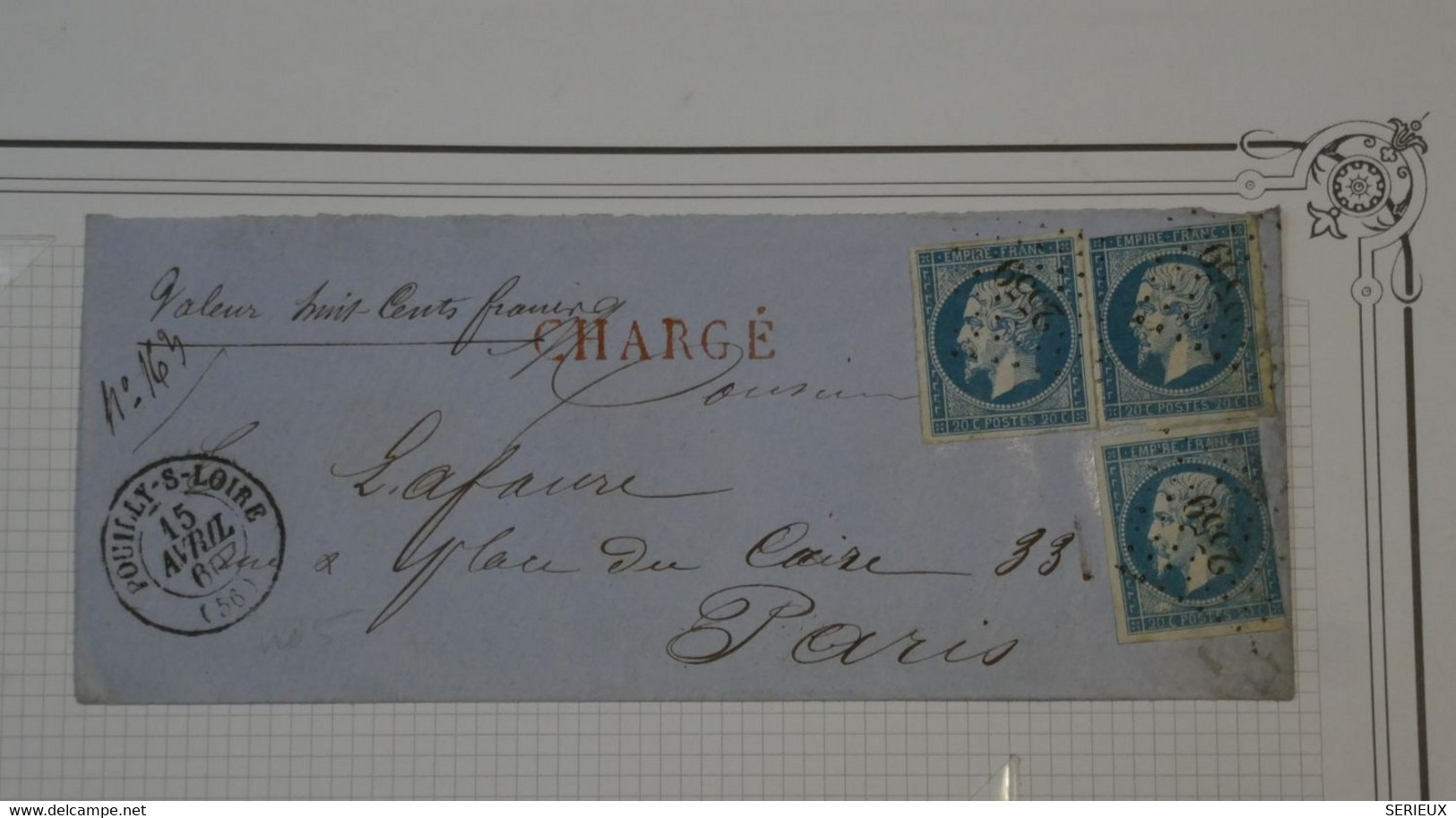 BN17 FRANCE BELLE LETTRE CHARGEE 1860 POUILLY A PARIS+NAPOLEON N°14 +CACHET CIRE ++AFFRANC.INTERESSANT + + - 1853-1860 Napoléon III.