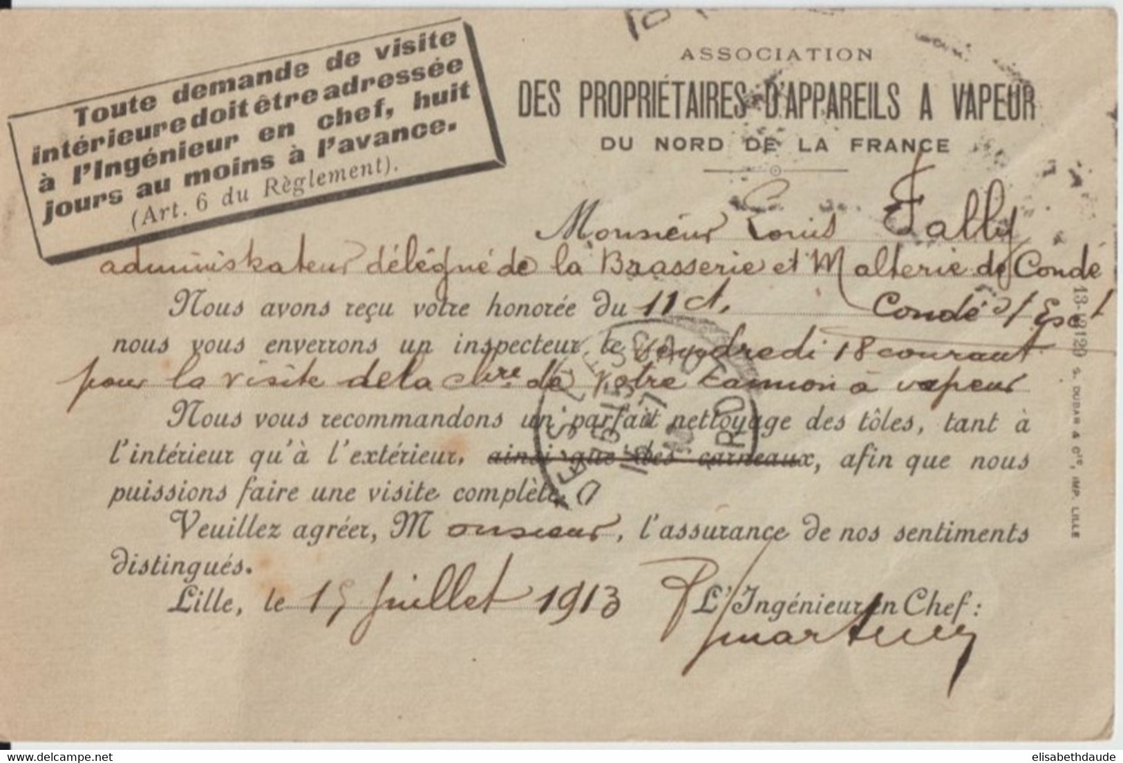 1913 - CP ENTIER SEMEUSE Avec REPIQUAGE ASSOCIATION DES PROPRIETAIRES APPAREILS A VAPEUR De LILLE (NORD) => CONDE - AK Mit Aufdruck (vor 1995)