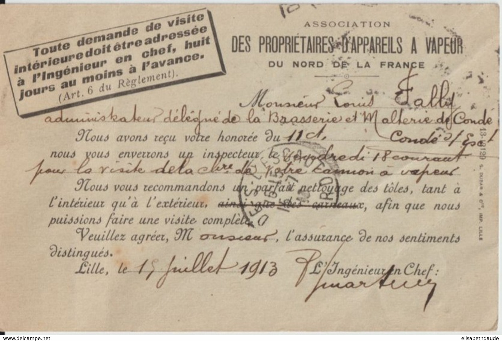 1913 - CP ENTIER SEMEUSE Avec REPIQUAGE ASSOCIATION DES PROPRIETAIRES APPAREILS A VAPEUR De LILLE (NORD) => CONDE - Bijgewerkte Postkaarten  (voor 1995)
